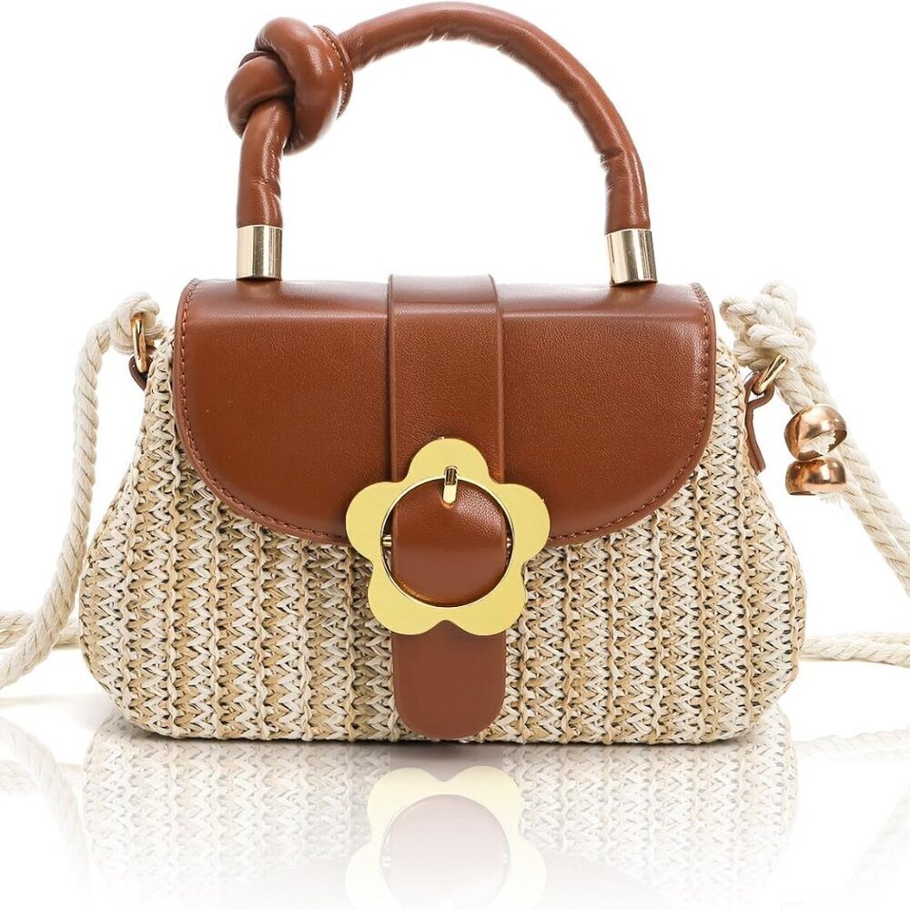 Straw Crossbody Bag with Floral Buckle Small Purse Summer Beach Travel